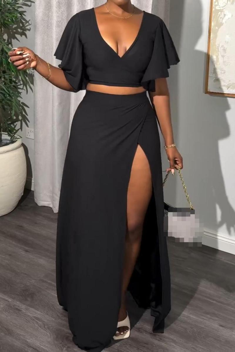 “Passionate” (V-Neck Slit Maxi Skirt Set)