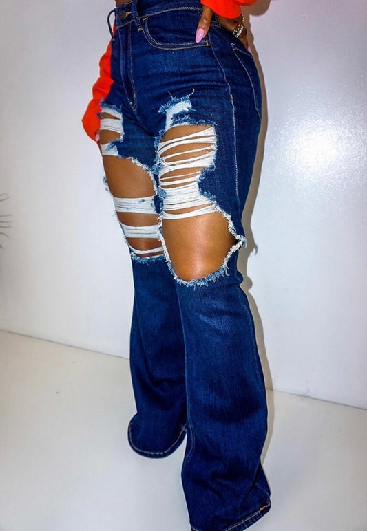 “Spark” (High Stretch Pocket Ripped Flared Wide-Leg Jeans)