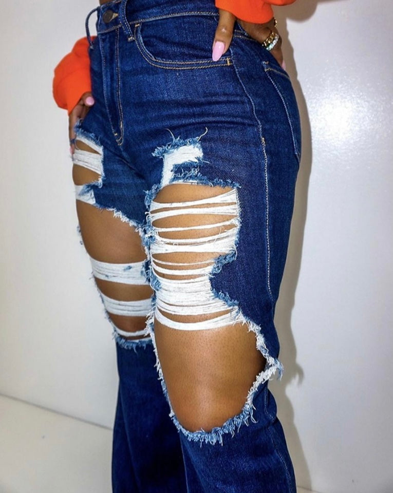 “Spark” (High Stretch Pocket Ripped Flared Wide-Leg Jeans)