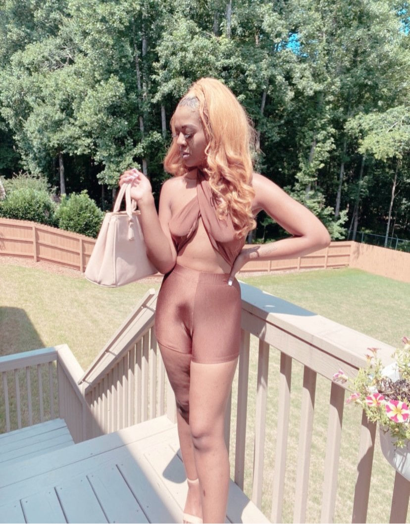 “Tootsie Roll” (Sexy Brown 2-Piece Wrap Top + Shorts)