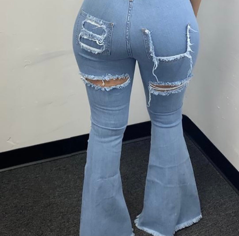 “High Flair” (High Waisted Distressed Bell Bottom Jeans)