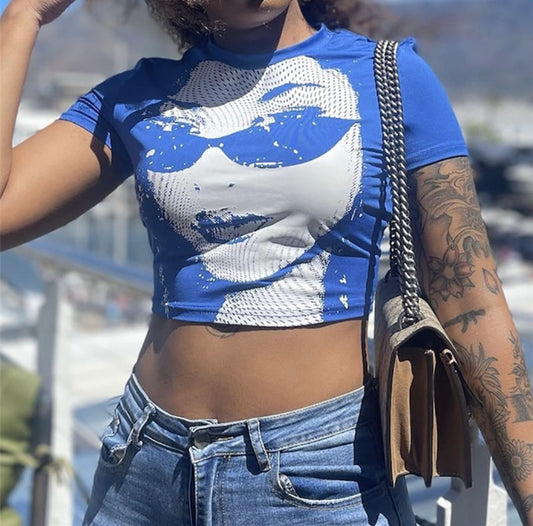 “Lady In Blue” (Blue Graphic Crop Top)