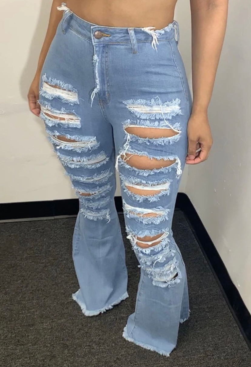 “High Flair” (High Waisted Distressed Bell Bottom Jeans)