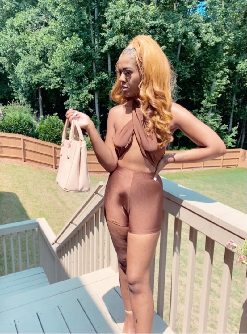 “Tootsie Roll” (Sexy Brown 2-Piece Wrap Top + Shorts)